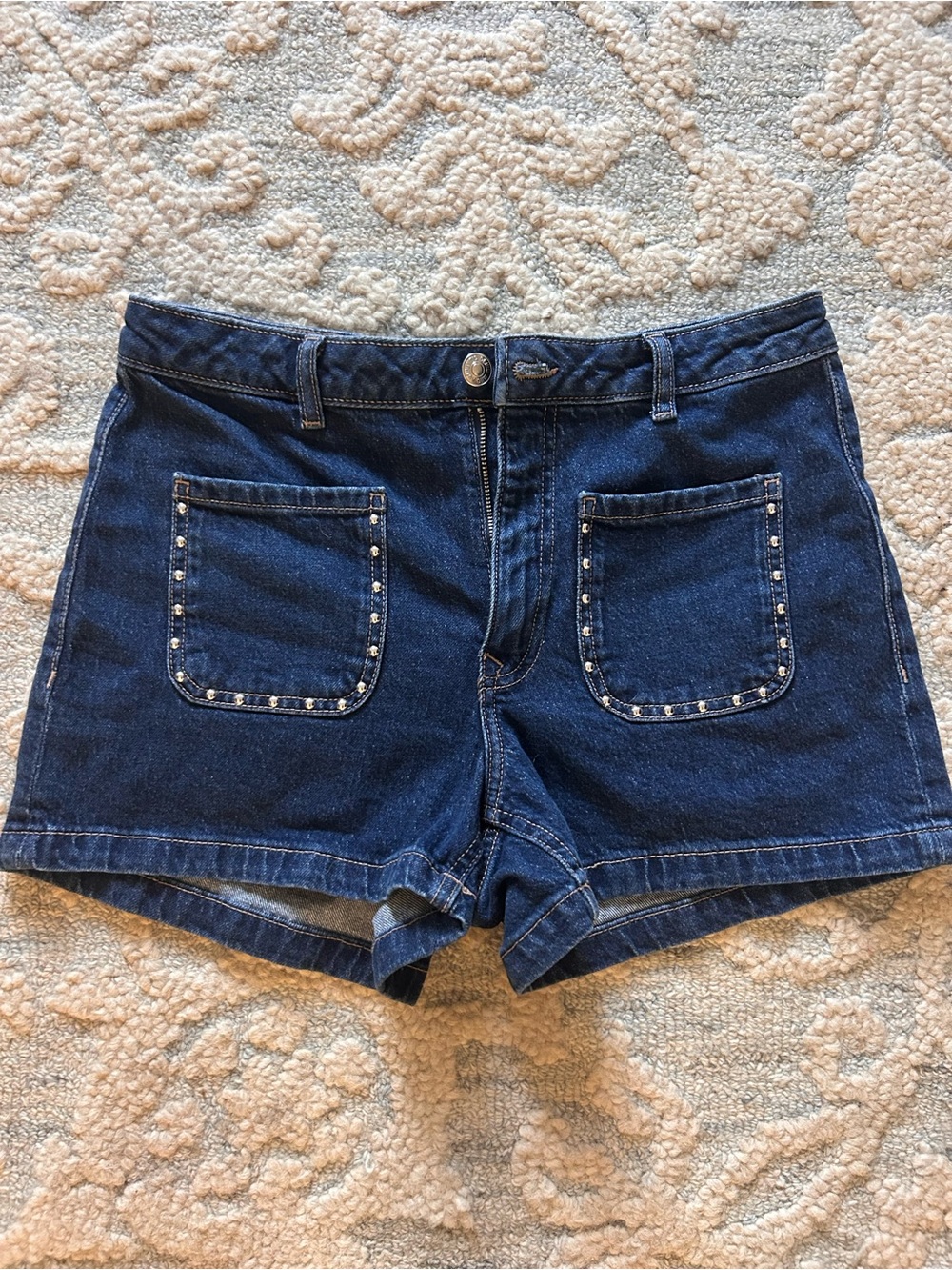 Mango Dark Blue Denim Shorts with Studded Pocket Trim